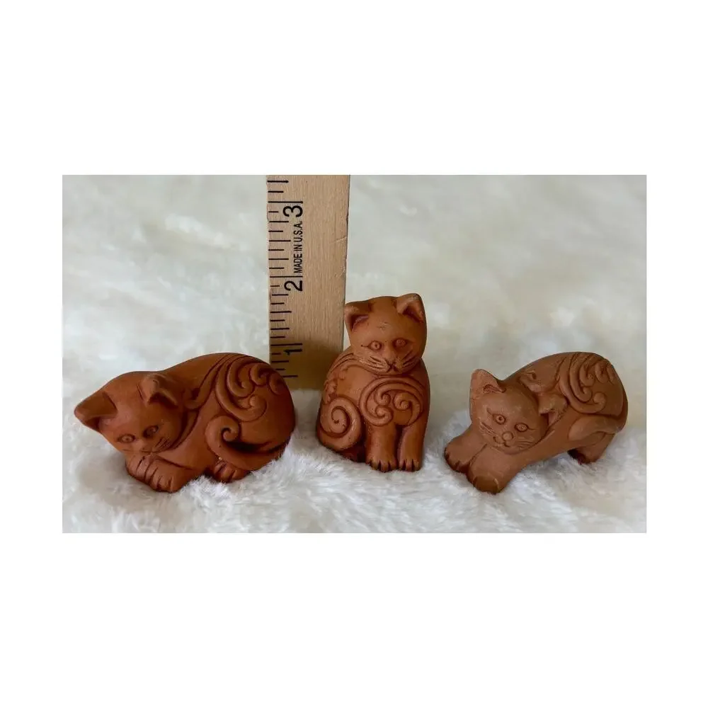 Handcrafted Miniature Vintage Carved Terracotta‎ Kitten Figurines Cat Sculptures
